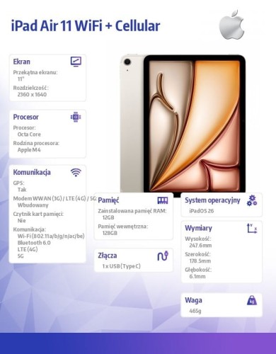 Apple iPad Air 11 cali WiFi + Cellular 128GB Księżycowa poświata