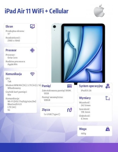 Apple iPad Air 11 cali WiFi + Cellular 128GB Niebieski