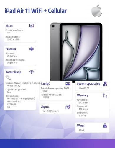 Apple iPad Air 11 cali WiFi + Cellular 128GB Gwiezdna szarość