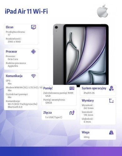 Apple iPad Air 11 cali WiFi 128GB Gwiezdna szarość