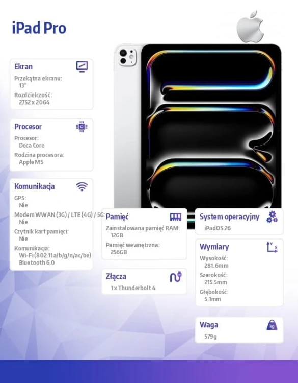 Apple iPad Pro 13 cali Wi-Fi 256 GB ze standardowym szkłem - Srebrny