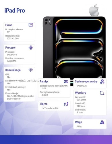 Apple iPad Pro 13 cali Wi-Fi 256 GB ze standardowym szkłem - Gwiezdna czerń