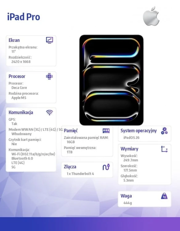 Apple iPad Pro 11 cali Wi-Fi + Cellular 1 TB ze szkłem o nanoteksturze - Srebrny