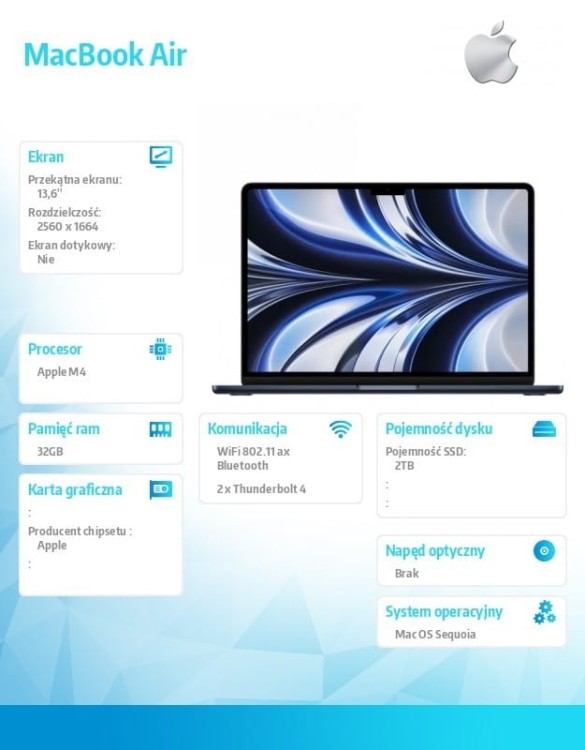 Apple MacBook Air 13.6 cala: M4 10/10, 32GB, 2TB SSD, 35W - Północ