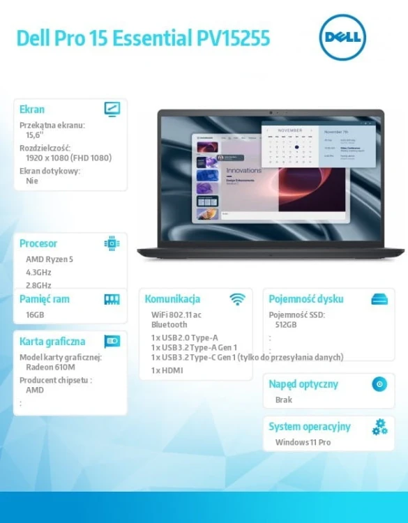 Dell Laptop Dell Pro 15 Essential PV15255|AMD MDO R5 PV15255|16GB|512GB SSD|AMD Radeon 610M|W11 Pro|WLAN + BT|15.6 FHD|Backlit Kb|3 Cell|65W/3YPS