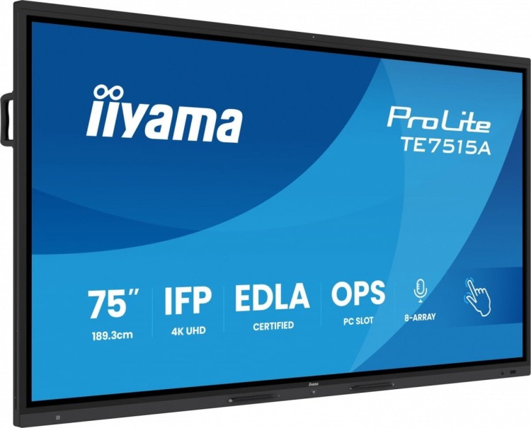 IIYAMA Monitor interaktywny 75 cali TE7515A-B2AG, VA,4K,40pkt,550cd,DeepContrast-IR+,    HDMI x2,DP,USB-C, 2 x 20W, OPS Slot x1, 5xUSB, 2xRJ45,8-Array