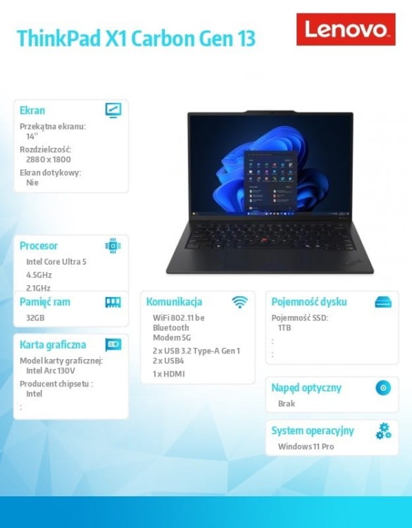 Lenovo Ultrabook ThinkPad X1 Carbon G13 21NS0125PB W11Pro ULT5 228V/32GB/1TB/INT/14.0 WUXGA/Black/3YR CI + CO2 offset + 3YR Premier