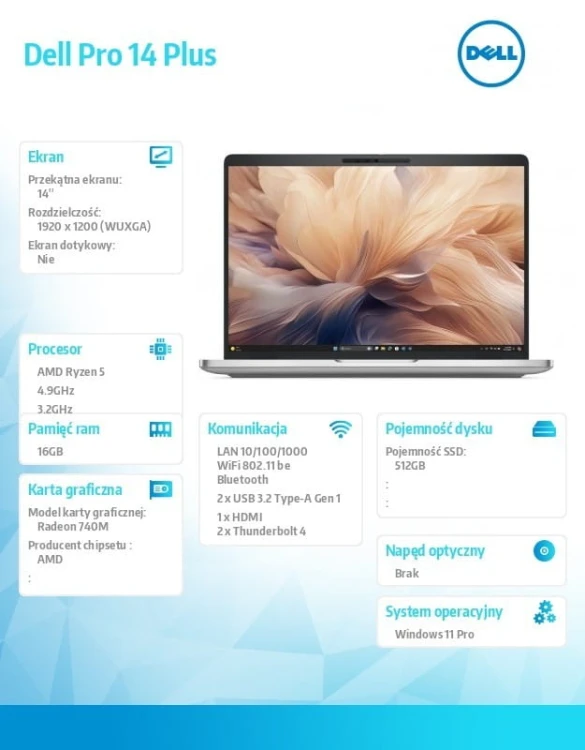 Dell Laptop Dell Pro 14 Plus PB14255 W11P AMD Ryzen 5 220/16GB/512GB/14.0 FHD+ 400nit/740M/FgrPr&SmtCd/FHD IRCam&Mic/WLAN+BT/BcklKb/3C/3YPS