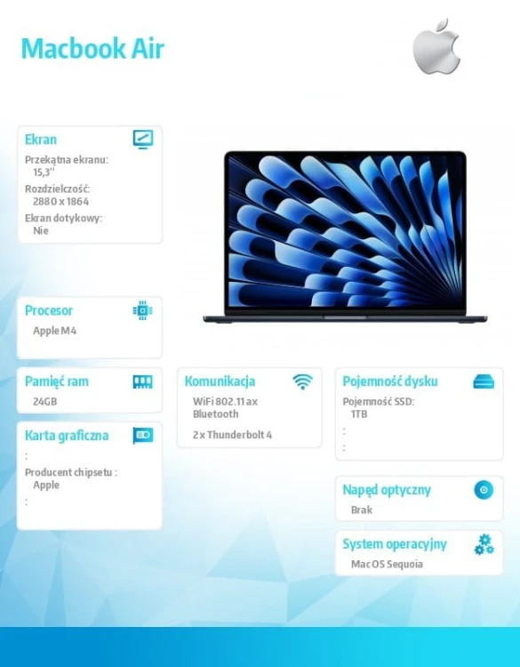 Apple MacBook Air 15.3 cala: M4 10/10, 24GB, 1TB SSD, 70W - Północ