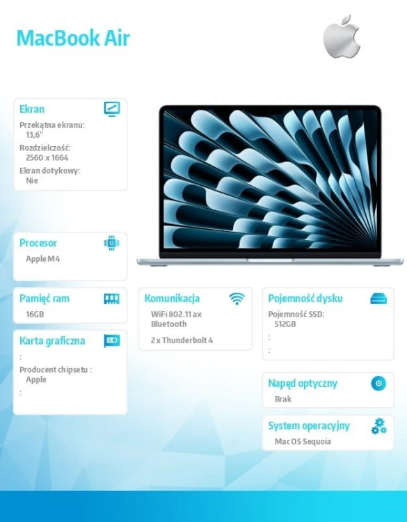 Apple MacBook Air 13.6 cala: M4 10/10, 16GB, 512GB SSD, 70W - Błękitny