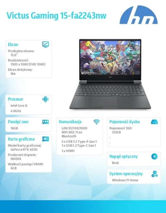 HP Inc. Laptop Victus Gaming  15-fa2243nw   15.6/W11 i5-13420H/16GB/512GB C1LN0EA