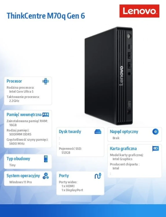 Lenovo Komputer ThinkCentre M70q Tiny G6 13A40017PB W11Pro U5 235T/16GB/512GB/INT/3YRS OS