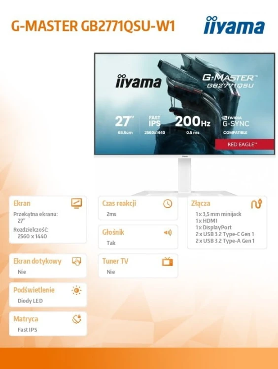 IIYAMA Monitor  27 cali GB2771QSU-W1 QHD,Fast IPS,200Hz,HAS (150) PIVOT,     2xUSB 3.2, 2xUSB C, 0,5ms, 2xHDMI, DP, 350cd,Adaptive G-SYNC - 2560 x 144