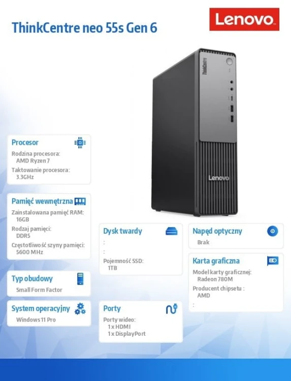 Lenovo Komputer ThinkCentre Neo 55s G6 SFF 13G0001FPB W11Pro 7 250/16GB/1TB/AMD/3YR OS