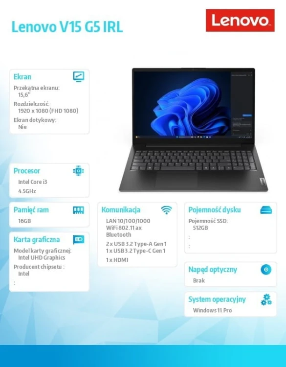 Lenovo Laptop V15 G5 83GW00MGPB W11Pro i3-1315U/16GB/512GB/INT/15.6 FHD/Business Black/3YRS OS
