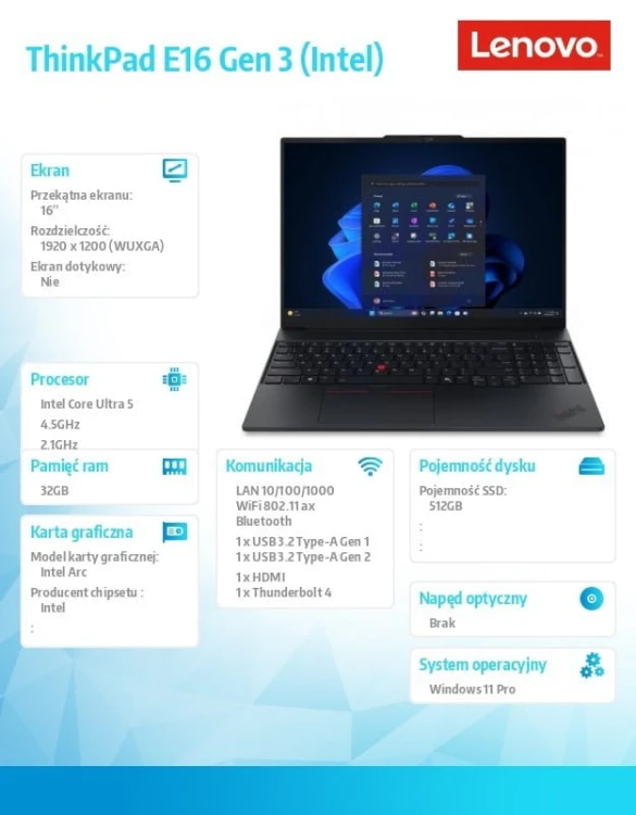 Lenovo Laptop ThinkPad E16 G3 22AY0087PB W11Pro Ultra 5228V/32GB/512GB/INT/16.0 WUXGA/Black/1YR Premier WHB + 3YR OS + CO2 Offset