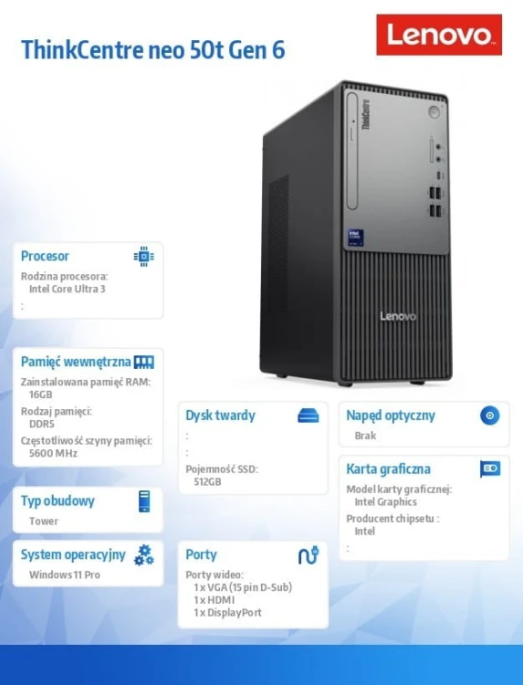Lenovo Komputer ThinkCentre Neo 50t G6 TOWER 13BD005CPB  Ultra 3 205/16GB/512GB/INT/BLACK/3YRS OS