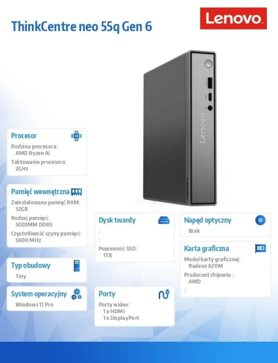 Lenovo Komputer ThinkCentre Neo 55q Tiny G6 13GT000DPB W11Pro AI 5 330/32GB/1TB/AMD Radeon/3YR OS