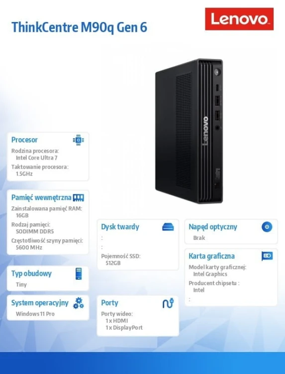 Lenovo Komputer ThinkCentre M90q Tiny G6 13A4000PPB W11Pro Ultra 7 265/16GB/512GB/INT/vPro/Black/3YRS OS