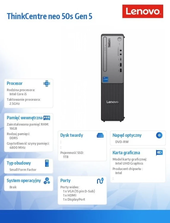 Lenovo Komputer ThinkCentre Neo 50s G5 SFF 12XF002FPB DOS i5-14400/16GB/1TB/INT/DVD/3YRS OS
