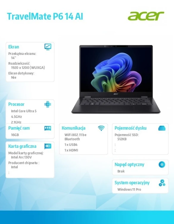 Acer Laptop TravelMate P6 14 AI TMP614-54T-TCO Ultra 5 226V/16GB/512GB/W11PRO ; gwarancja 36 miesięcy ON SITE ; Dotykowy ekran